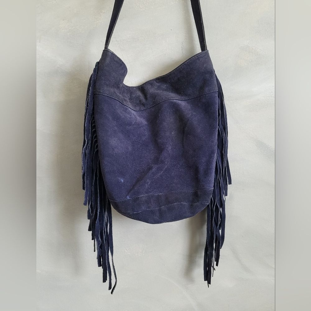 Ecote Blue Suede Side Fringe Cow Leather Bucket Sling Bag - Picture 9 of 15